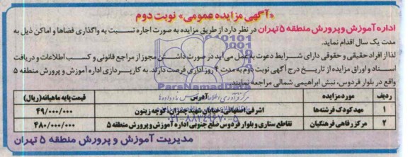 مزایده عمومی, مزایده واگذاری فضاها و اماکن شامل مهدکودک فرشته ها و مرکز رفاهی فرهنگیان