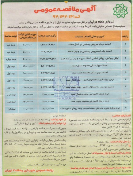مناقصه , مناقصه احداث دو باب سرویس بهداشتی 