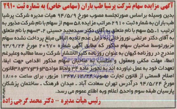 آگهی مزایده , مزایده 58 سهم از سهام