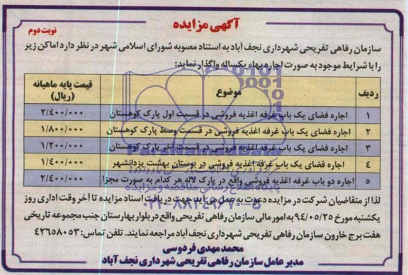 مزایده , مزایده اجاره فضای یک باب غرفه اغذیه فروشی