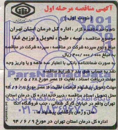 مناقصه تهیه , طبخ , تحویل و توزیع غذا 