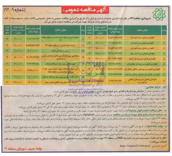 آگهی مناقصه عمومی, مناقصه نگهداری فضای سبز