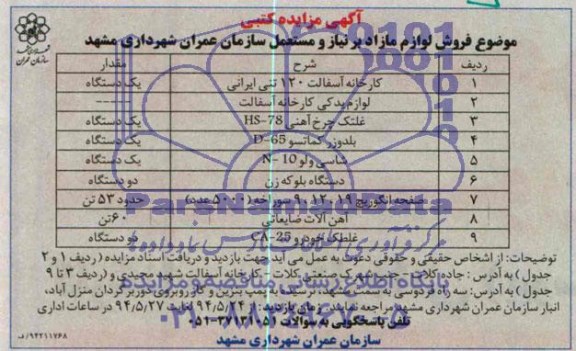 آگهی مزایده کتبی , مزایده فروش لوازم مازاد بر نیاز و مستعمل سازمان