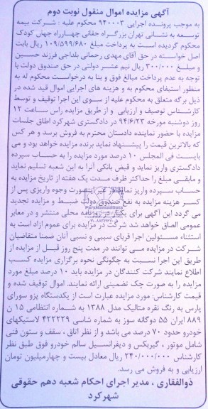 مزایده یک دستگاه پژو سواری پارس