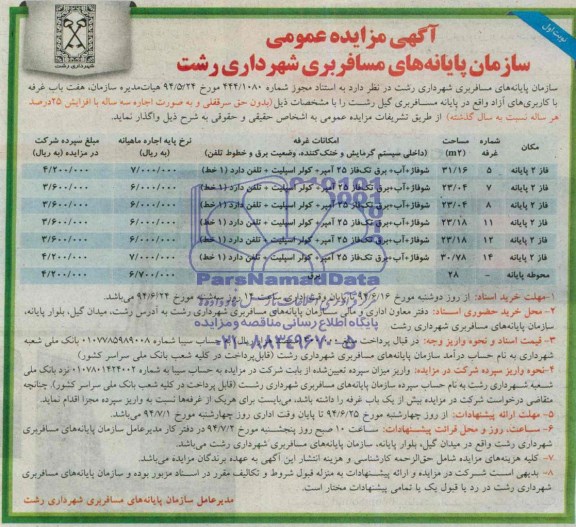 آگهی مزایده عمومی, مزایده واگذاری هفت باب غرفه با کاربری های آزاد