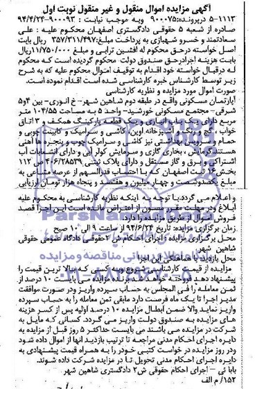 اگهی مزایده اموال منقول و غیر منقول آپارتمان مسکونی