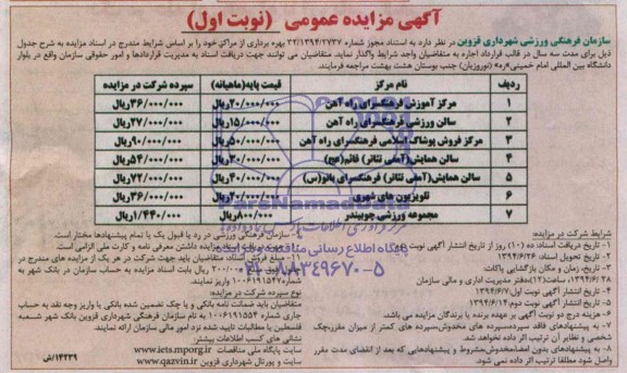 آگهی مزایده عمومی, مزایده بهره برداری از مرکز آموزش فرهنگسرا