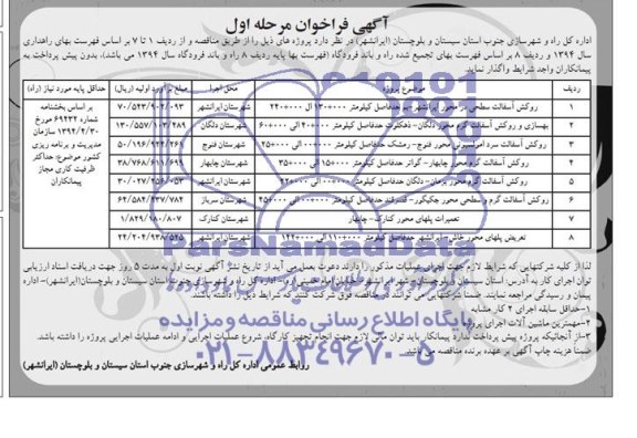 آگهی فراخوان , مناقصه واگذاری روکش اسفالت سطحی در محور ایرانشهر -بم 