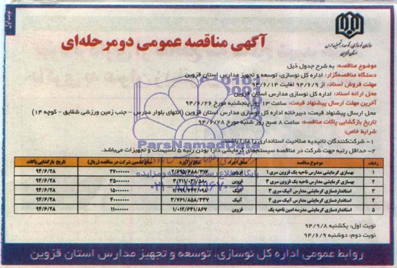 آگهی مناقصه عمومی دو مرحله ای , مناقصه بهسازی گرمایشی مدارس و ...