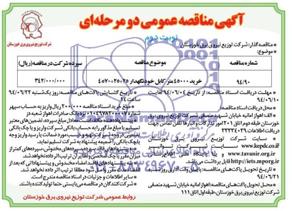 مناقصه,خرید 45000 متر کابل خودنگهدار