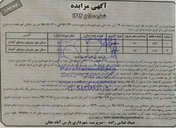 مزایده,قطعات کاربری مسکونی