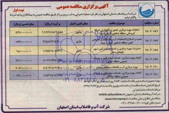 آگهی برگزاری مناقصه عمومی, مناقصه عملیات بهره برداری تعمیر و نگهداری شبکه آبرسانی 