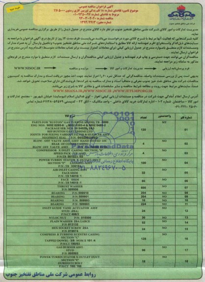 آگهی فراخوان مناقصه عمومی , فراخوان مناقصه 18 قلم یدکی توربین گازی رستون TB 5000