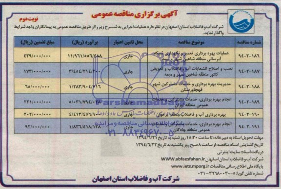 آگهی برگزاری مناقصه عمومی, مناقصه عملیات بهره برداری تعمیر و نگهداری شبکه آبرسانی 