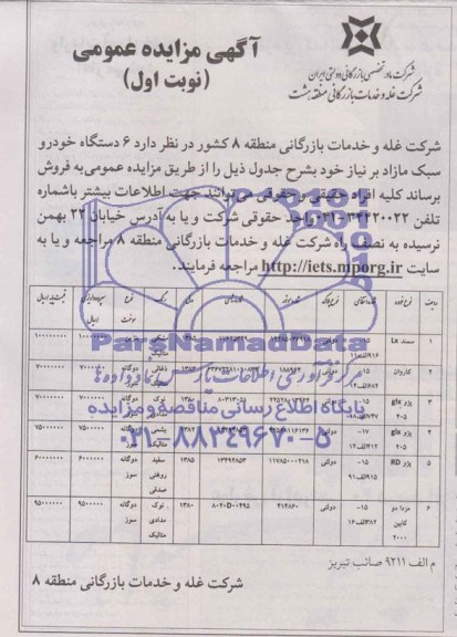 آگهی مزایده عمومی , مزایده فروش 6 دستگاه خودرو سبک مازاد بر نیاز