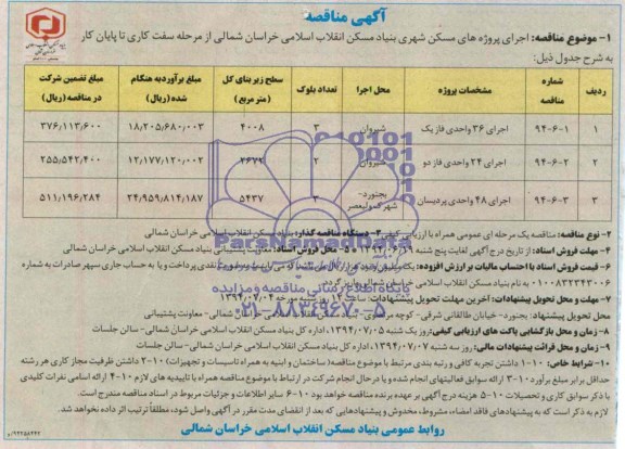 آگهی مناقصه  اجرای پروژه های مسکن شهری بنیاد مسکن