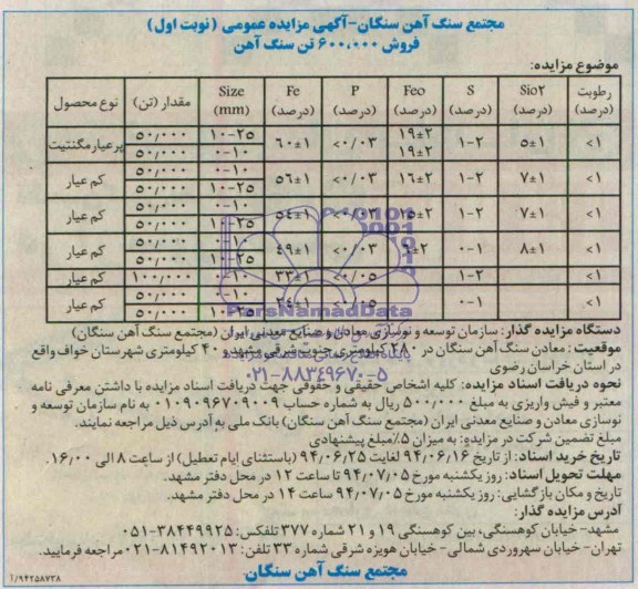 آگهی مزایده عمومی , مزایده فروش 600.000 تن سنگ آهن