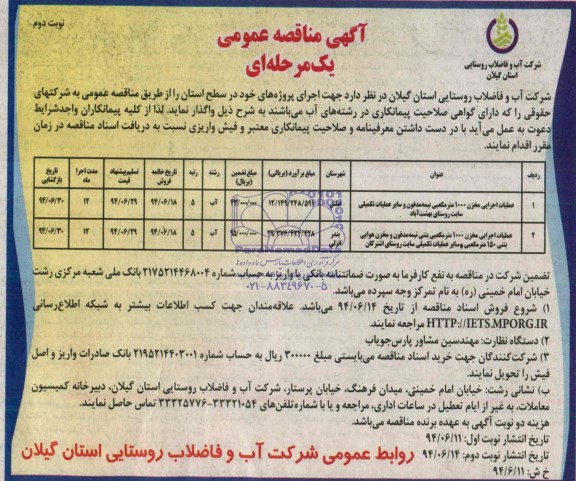 آگهی مناقصه عمومی یک مرحله ای , مناقصه عملیات اجرایی مخزن 1000 متر مکعبی....