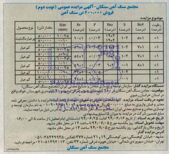 آگهی مزایده عمومی , مزایده فروش 600.000 تن سنگ آهن