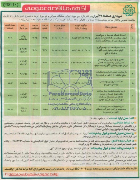 مناقصه  , مناقصه احداث شبکه هدایت و جمع آوری آبهای سطحی بزرگراه 