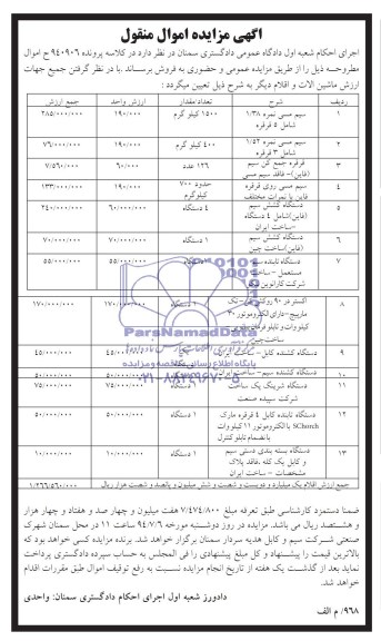 آگهی مزایده , مزایده فروش سیم مسی و ....