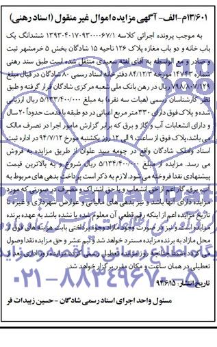 مزایده,ششدانگ یکبابخانه و 2 باب مغازه