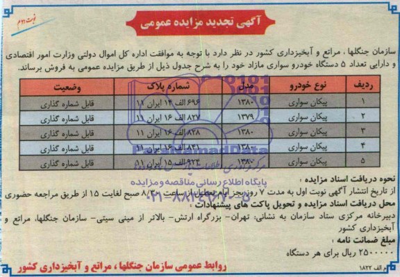 آگهی تجدید مزایده عمومی , مزایده تعداد 5 دستگاه خودرو سواری