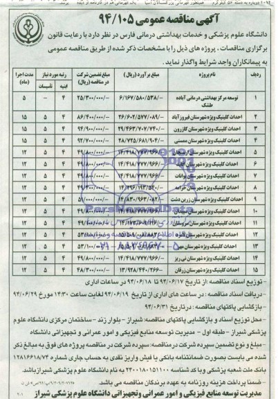 آگهی مناقصه عمومی, مناقصه توسعه مرکز بهداشتی درمانی آباده طشک و....