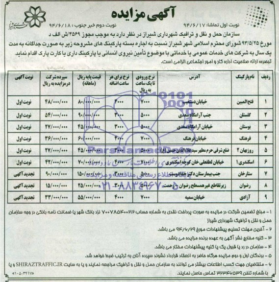 آگهی مزایده , مزایده اجاره بسته پارکینگ 