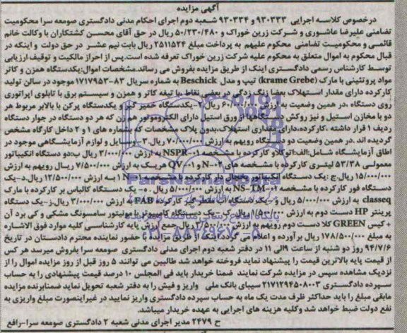 مزایده , مزایده یکدستگاه همزن و کاتر مواد پروتئینی
