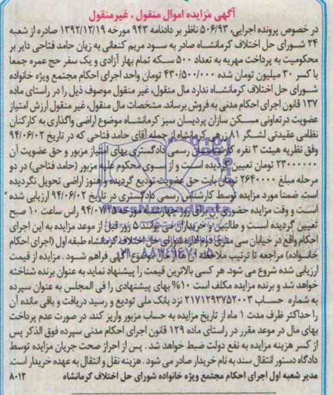 مزایده,ارزش امتیاز عضویت در تعاونی مسکن سازان (اراضی)