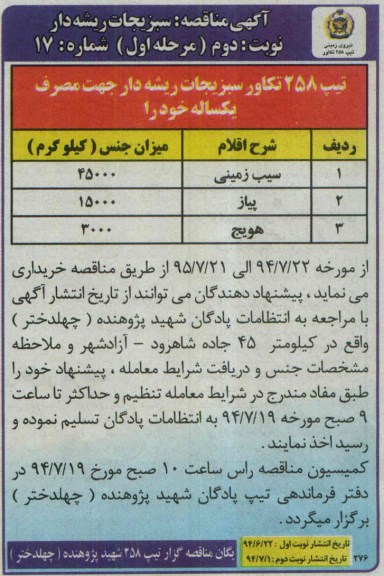 مناقصه , مناقصه  سبزیجات ریشه دار