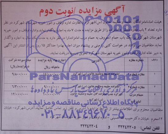مزایده , مزایده تعداد 2 باب مغازه و یک باب حمام