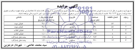 مزایده,فروش تعدادی از قطعات مسکونی و تجاری
