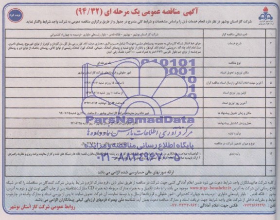آگهی مناقصه عمومی یک مرحله ای,مناقصه اجرای خط انتقال شبکه گازرسانی به مجموعه روستاهای دشتی