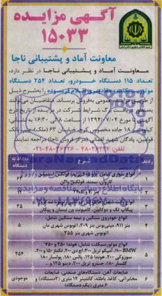 مزایده , مزایده  تعداد 115 دستگاه خودرو ، تعداد 254 دستگاه موتورسیکلت و مقادیری اقلام فرسوده 