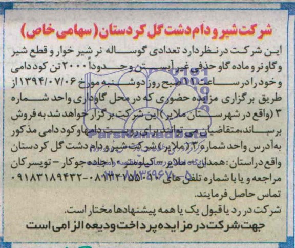 آگهی مزایده,مزایده تعدادی گوساله نرشیرخوار