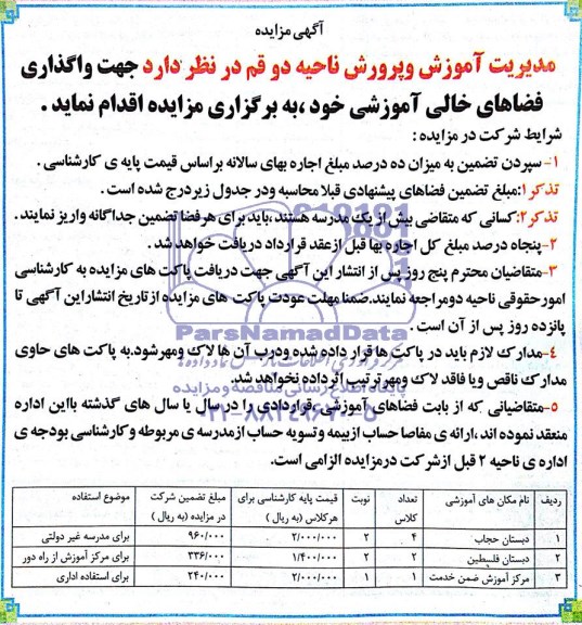 آگهی مزایده,مزایده  جهت واگذاری فضاهای خالی آموزشی 