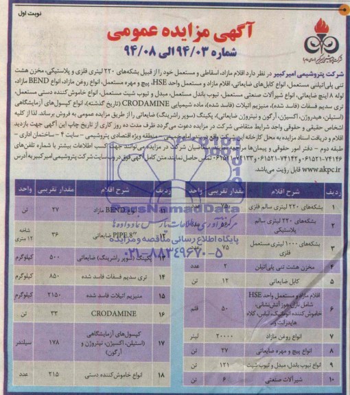 آگهی مزایده عمومی , مزایده اقلام مازاد اسقاطی و مستعمل