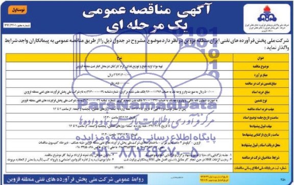 مناقصه عمومی یک مرحله ای, مناقصه تهیه ، طبخ و توزیع غذای گرم کارکنان در محل انبار  نفت 