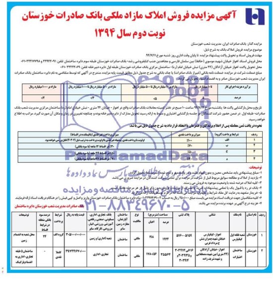 مزایده,فروش املاک مازاد ملکی بانک