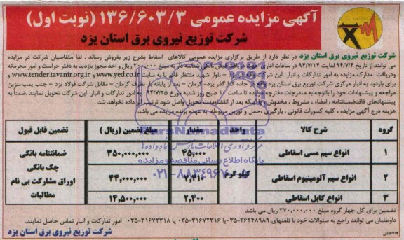 آگهی مزایده عمومی,مزایده انواع سیم مسی اسقاطی