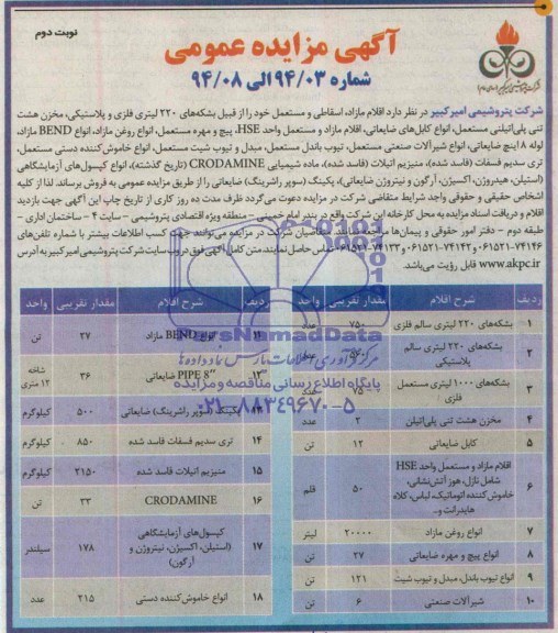 آگهی مزایده عمومی , مزایده اقلام مازاد اسقاطی و مستعمل