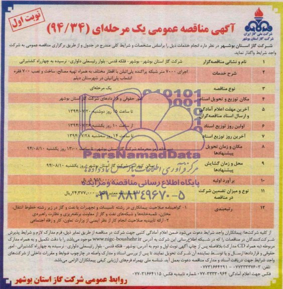 آگهی مناقصه عمومی یک مرحله ای,مناقصه اجرای 7000 متر شبکه پراکنده پلی اتیلن