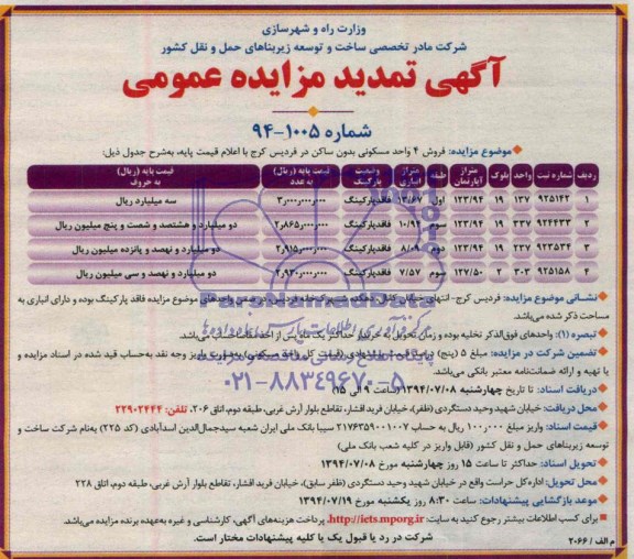 آگهی مزایده فروش 4 واحد مسکونی