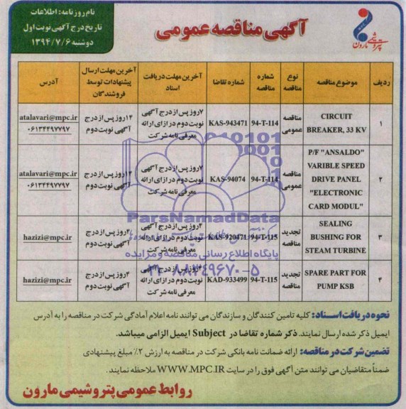 آگهی مناقصه عمومی, مناقصه CIRCUIT BREAKER, 33KV 