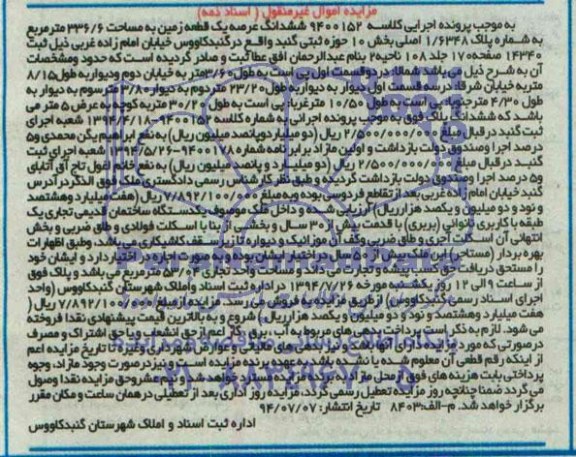 مزایده,ششدانگ عرصه یک قطعه زمین