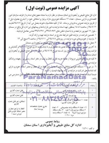 مزایده عمومی , مزایده عمومی فروش عداد 12 دستگاه خودروی مازاد