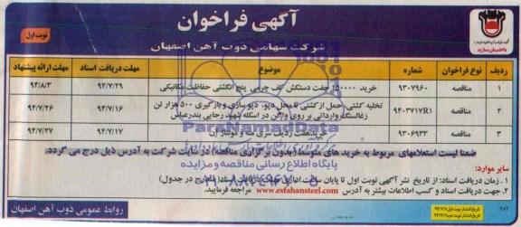 آگهی فراخوان, مناقصه خرید 150000 جفت دستکش کف چرمی