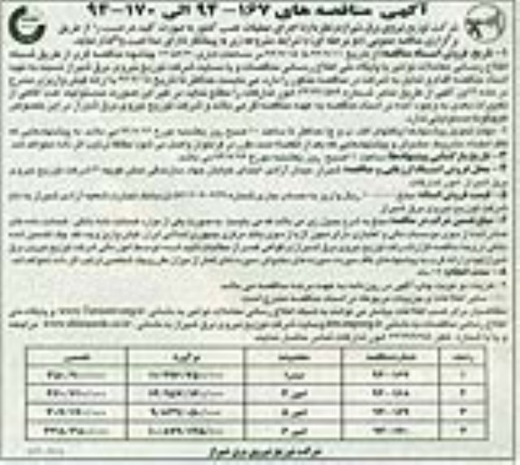 آگهی مناقصه, مناقصه اجرای عملیات روشنایی امورهای هفتگانه